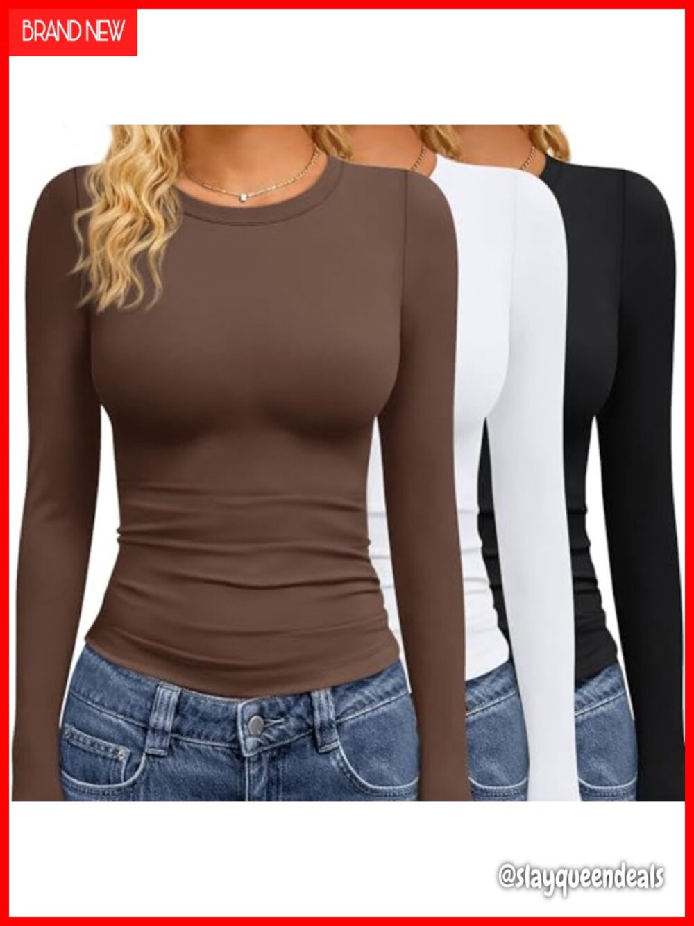 Womens Long Sleeve Crew Neck T Shirts 3 Pack Stretchy Slim Fit Layering Top